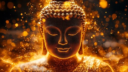 Wall Mural - golden shimmering silhouette of a Buddha forward, body made from intricate tiny dots 