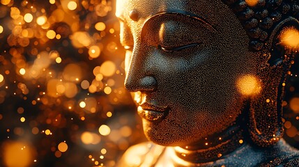 Wall Mural - golden shimmering silhouette of a Buddha forward, body made from intricate tiny dots 