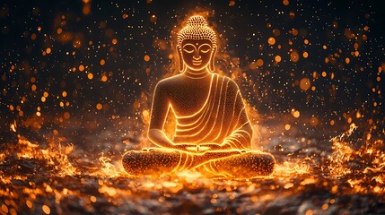 Wall Mural - radiant forward silhouette of a Buddha, body formed from countless shimmering golden dots 