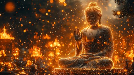 Wall Mural - radiant forward silhouette of a Buddha, body formed from countless shimmering golden dots 