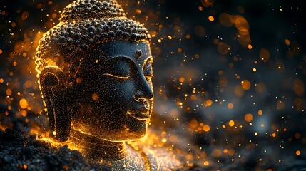 Wall Mural - serene Buddha silhouette in forward motion, shimmering golden dots composing the form 