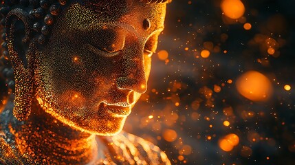 Wall Mural - serene Buddha silhouette in forward motion, shimmering golden dots composing the form 