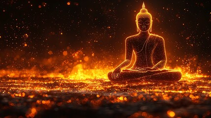 Wall Mural - serene Buddha silhouette in forward posture made from glowing golden dots, ethereal shimmer 