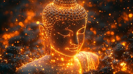 Wall Mural - silhouette of a stunningly beautiful Buddha forward whole body made of tiny dots with golden shimmering 