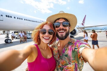 happy couple taking selfie at airport tarmac with airplane in background - traveling together on sum