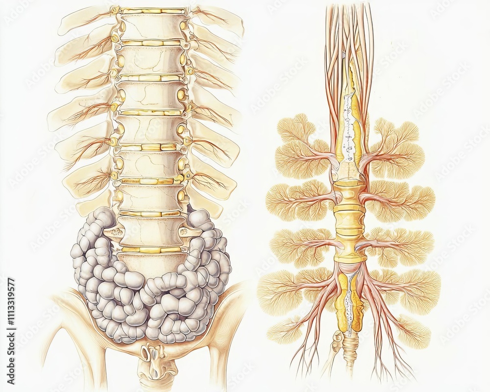 Dorsal Root Ganglion Of Spinal Cord Cross-sectional medical illustration of the human spinal cord, showing