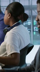 Poster - vertical video admin in data center drinking coffee and implementing ai predictive maintenance syste