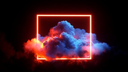 Poster - Neon Cloud Frame Abstract Artwork with Red and Blue Lighting on Black Background