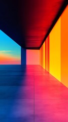 Poster - Vibrant sunset hues illuminate a modern, minimalist corridor. Bold colors and sleek lines create a dynamic visual.