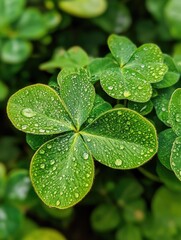 Wall Mural - Four-leaf clover with water droplets