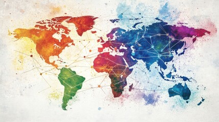 Poster - Vibrant Abstract World Map Illustration with Colorful Network Lines
