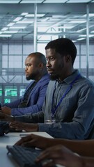 Poster - vertical video african american data center technicians implement ai predictive maintenance systems.