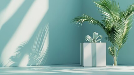 Poster - Modern Concept Mockup of Online Store Display with Gift Box and Tropical Plant