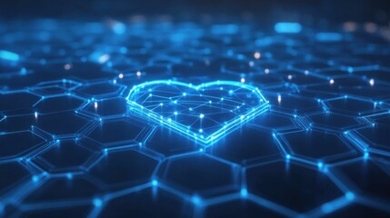 Poster - Heart Shape Made of Blue Digital Lines on Hexagonal Background