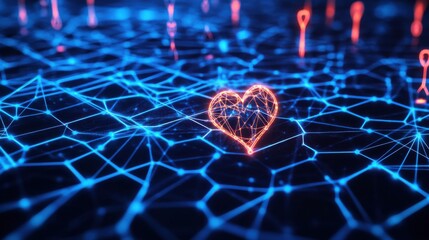 Poster - Glowing Heart Symbol in Abstract Neural Network Background Concept