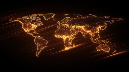 Poster - Illuminated World Map with Abstract Light Effects on Black Background