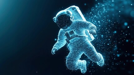 Wall Mural - astronaut with digital data figure floating on dark blue background with glowing particle