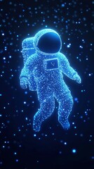 Wall Mural - astronaut with digital data figure floating on dark blue background with glowing particle