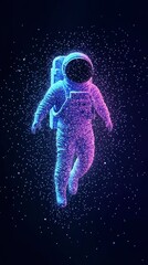 Wall Mural - astronaut with digital data figure floating on dark blue background with glowing particle