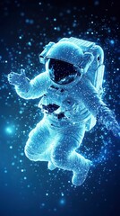 Wall Mural - astronaut with digital data figure floating on dark blue background with glowing particle
