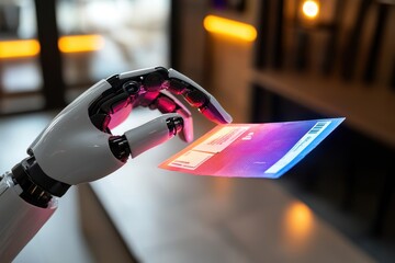 Poster - A robotic hand holds a colorful card, showcasing technology and innovation in a modern setting.