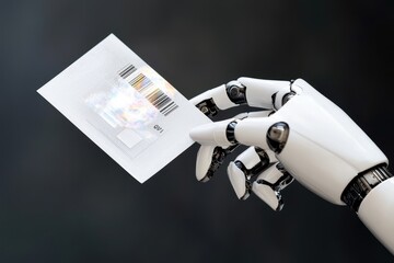 Poster - A robotic hand holds a card featuring a barcode, symbolizing the fusion of technology and automation.