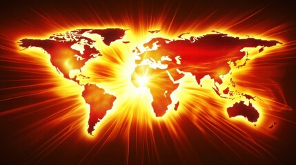 Poster - Vibrant Abstract World Map with Fiery Sunburst Effect