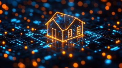 Poster - Glowing holographic house symbol showcasing digital technology and innovation at night