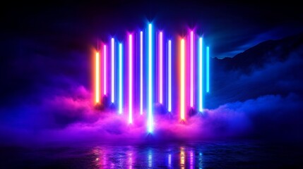 Poster - Neon Light Installation Futuristic Background with Color Gradient Vertical Tubes in Triangular Formation