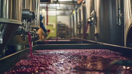 Poster - Grape juice flows from stainless steel tanks during the winemaking process in a natural environment. Workers manage the fermentation process, ensuring quality production of wine.