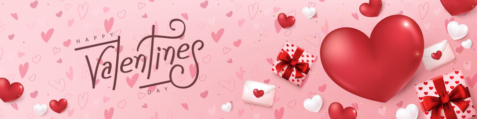 Valentines day banner card background with festive heart shaped and gift decoration frame and calligraphy of valentines day