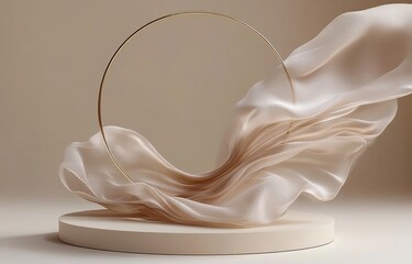 Poster - Minimalist Display Podium with Golden Hoop and Sheer Fabric for Product Presentation in Elegant Beige Background