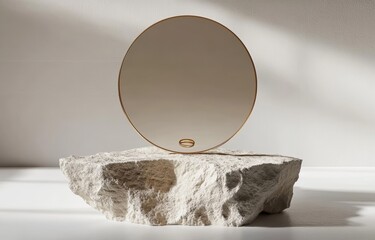 Poster - Minimalist Stone Pedestal with Gold Mirror for Cosmetic Product Display Modern Aesthetic