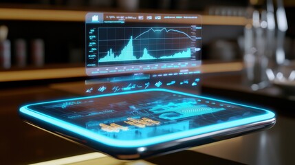 Poster - A futuristic tablet displays holographic data visualizations and analytics, showcasing graphs and charts in a sleek, modern setting.
