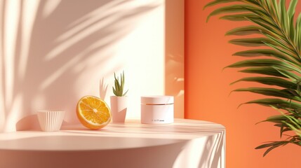 Poster - Realistic Product Mockup Concept with Orange Slice and Plant on Stylish Table