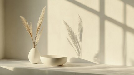 Poster - Elegant Minimalist Setup with Vase and Bowl Casting Shadows in Soft Natural Light