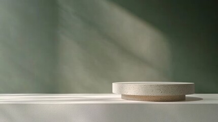Aufkleber - Modern round stone pedestal table with light gray surface against muted green wall and soft shadows