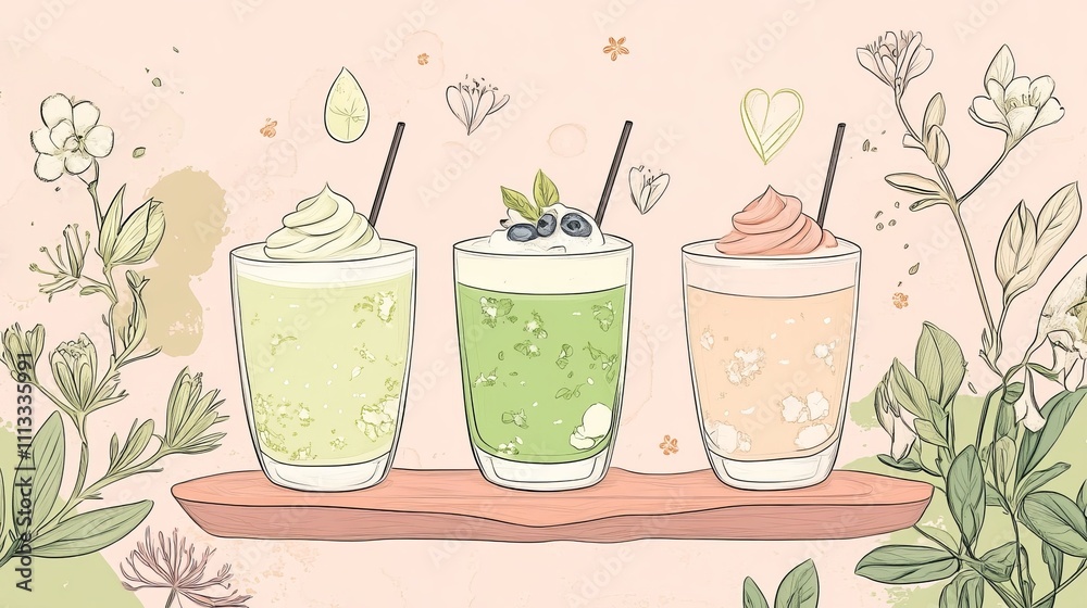 kawaii style matcha menu art, decorated with floating floral elements ...