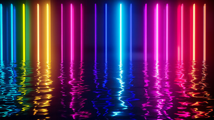 Poster - Abstract Neon Light Fluorescent: Neon lights glowing and reflecting on water, creating an exhibition background in 3D illustration style.