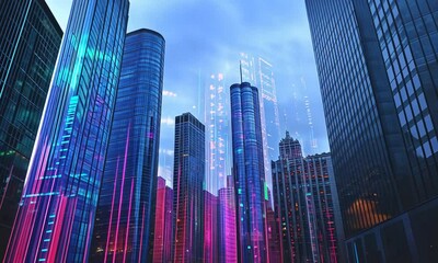 Wall Mural - A futuristic cityscape with vibrant neon lights reflecting on glass buildings.