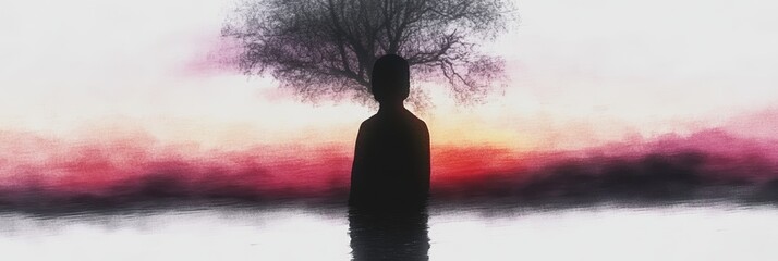 Poster - Silhouette of a person standing before a sunset, a tree forming a crown above their head. Peaceful and mysterious.