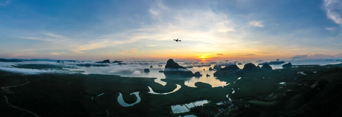 Wall Mural - Samed nang chee viewpoint, famous destination in Phang nga province, thailand, Beautiful unseen paradise scene at morning sunlight cover mist panoramic