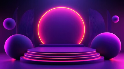 Poster - Bright Neon Stage with Circles and Sphere in Purple and Pink Colors