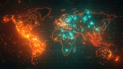 Poster - Vibrant Global Network Map Depicting Connections and Data Flow
