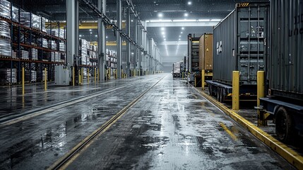 Poster - Efficient crossdock warehouse operations urban center industrial scene rainy environment wide-angle view logistics strategy