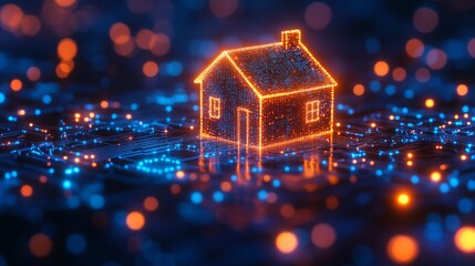 Poster - Glowing holographic house symbol on a vibrant digital background at night
