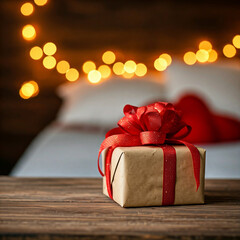 Wall Mural - wrapped gift box on a table with romantic atmosphere. A beautifully wrapped gift with a red bow sits on a wooden table in a cozy bedroom with glowing fairy lights.