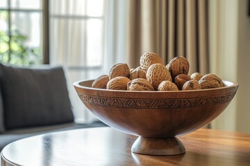 Wooden bowl with nuts on table