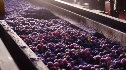 Poster - Grapes are seen traveling along a conveyor belt in a wine processing facility. The warm glow of natural light enhances the deep colors of the grapes, highlighting their freshness and quality.