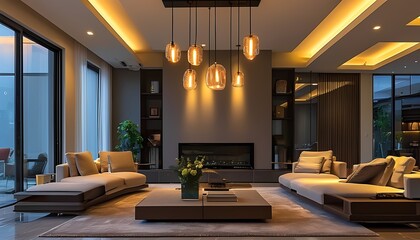 Elegant living room design showcasing modern decor and ambient lighting contemporary home interior photography cozy atmosphere wide-angle view aesthetic appeal